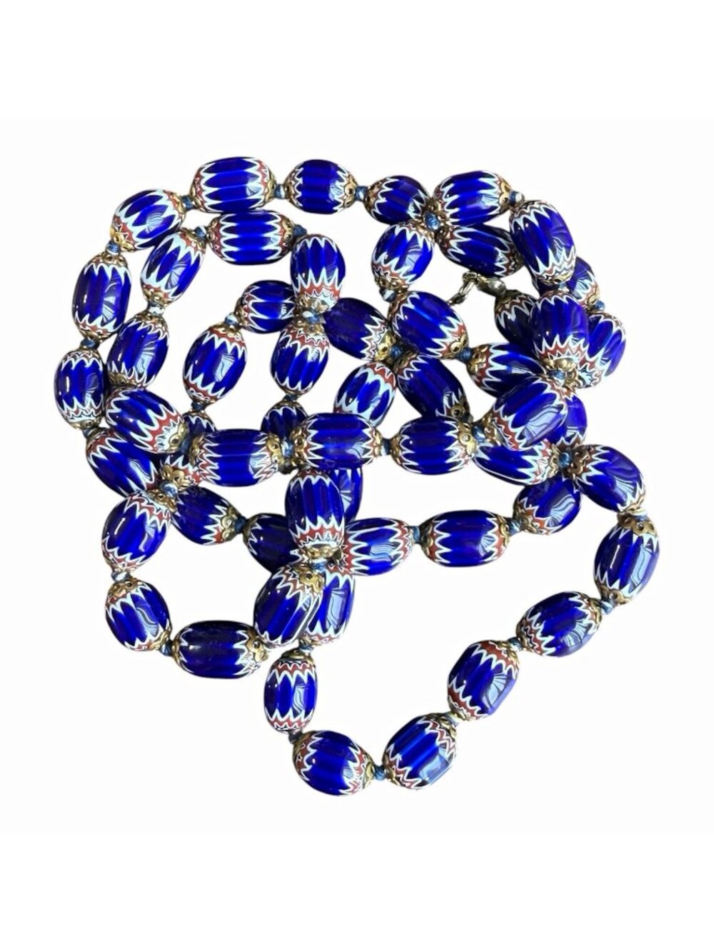 Vintage Venetian Cobalt Blue Pulled Feathered Lampwork Glass Bead Necklace 30”